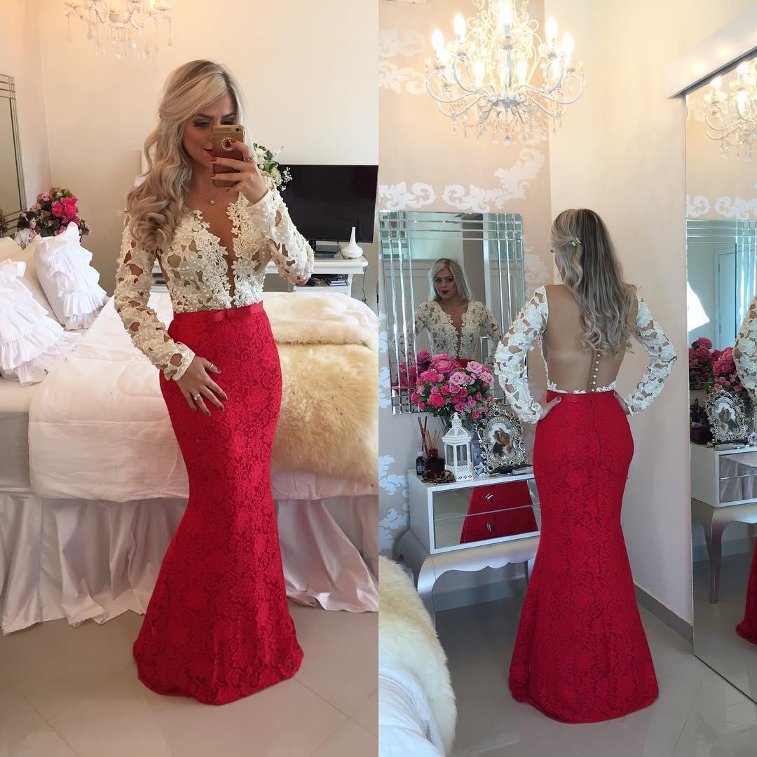 Ivory Long Red Sleeves Lace Mermaid Evening With Beadings Sheer Deep V-Neck Or Length Special Ocn Dresses Vestidos Robe