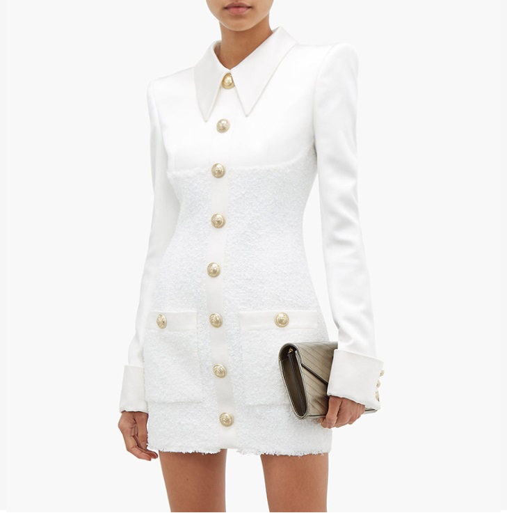 New Style Hot Personality Top Quality Women's Metal Buckles Satin Woolen Panelled Dress Slim Dress Career Dresses, White
New Style Hot Personality Top Quality Women's Metal Buckles Satin Woolen Panelled Dress Slim Dress Career Dresses, White