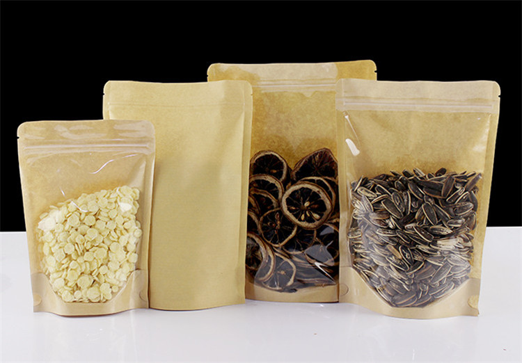 100pcs Thick Clear Front Kraft Paper Stand up Storage Bags One Side Clear Coffee Beans Dried Fruit Bakery Snack Party Candy Xmas Gifts Resealable Zipp