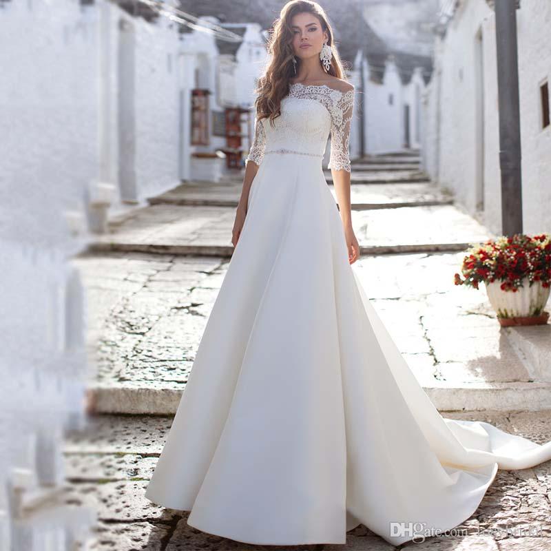 Cheap Satin Beach A Line Wedding Dresses Bateau Neck 1/2 Sleeve Plus Size Wedding Dress Bridal Gown Vestido De Noiva robe de mariée