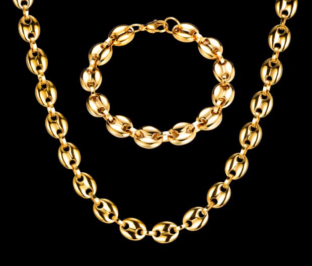 Gold 24''+8.66'' Boys Men's Necklaces Coffee Beans Chain Bracelets jewelry Set Stainless Steel 9mm Link Chains Hiphop Jewelry