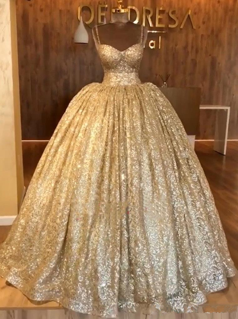blingbling gold sequined prom dresses dubai arabic ball gown evening gowns with sweep train spaghetti strap formal party second gowns