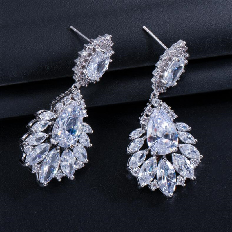 Hot Sale Luxury Jewelry 925 Sterling Silver Water Drop White Topaz CZ Diamond Crown Earring Party Women Wedding Bridal Dangle Earrings Gift