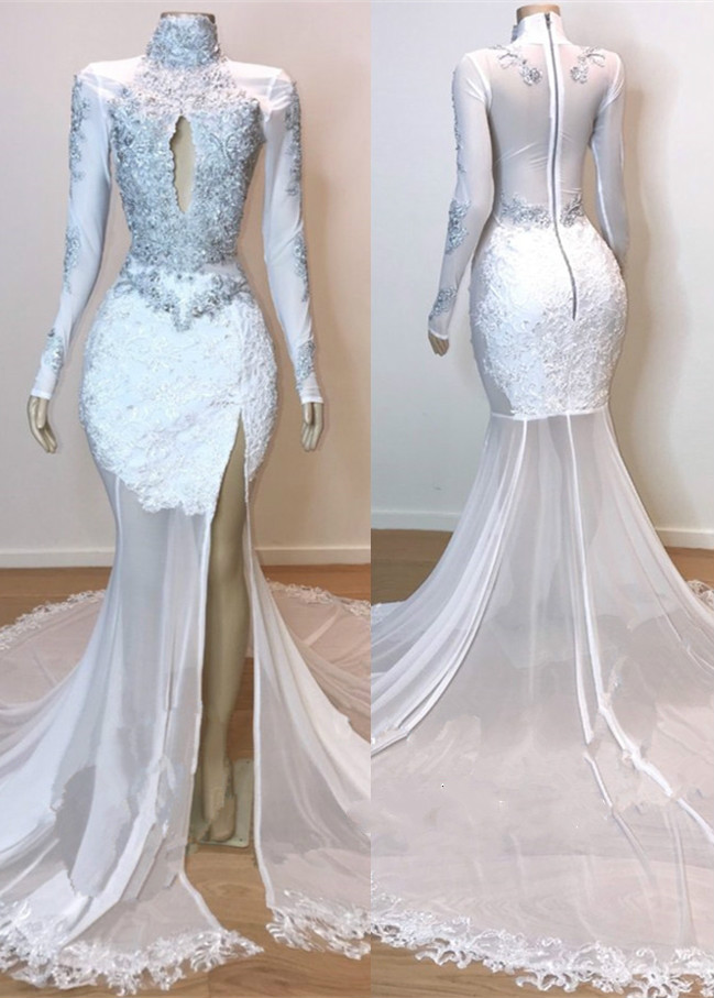 2019 White Prom Dresses Lace Appliqued Beads High Neck Side Split Mermaid Evening Dress Sweep Train Custom Made Formal Party Gowns