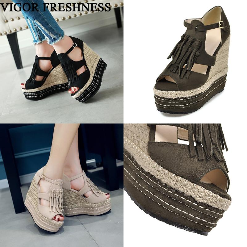 VIGOR FRESHNESS Women Sandals Wedges Heels 13CM Woman Shoes Platform Lady Dress Shoes Summer Sandals Tassel MY430, Beige 
VIGOR FRESHNESS Women Sandals Wedges Heels 13CM Woman Shoes Platform Lady Dress Shoes Summer Sandals Tassel MY430, Beige