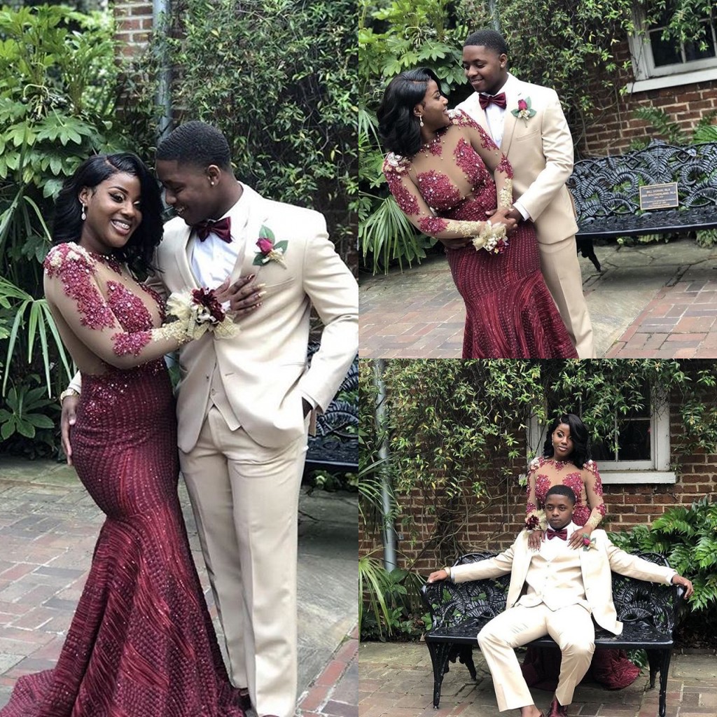 

Sexy Maroon Shinny Mermaid Prom Dress 2019 Hot Black Girl See Through Formal Evening Party Gown Sequined Appliqued Pageant Gown, Champagne