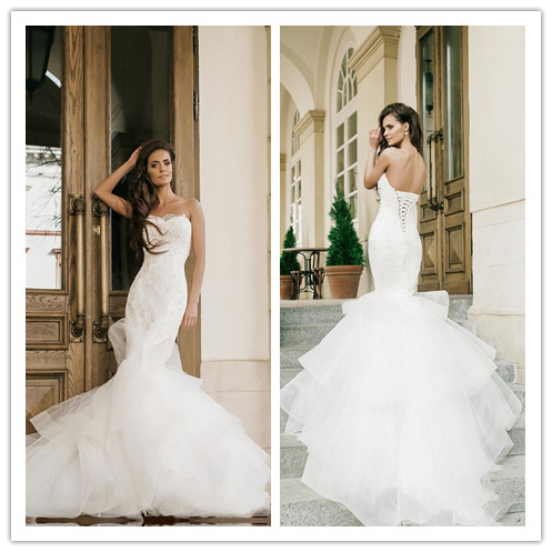 Chic Lace Mermaid Wedding Dresses Strapless Neckline Appliques Trumpet Bridal Gowns Sweep Train Lace-up Back Tiered Country Wedding Dress, Champagne
Chic Lace Mermaid Wedding Dresses Strapless Neckline Appliques Trumpet Bridal Gowns Sweep Train Lace-up Back Tiered Country Wedding Dress, Champagne