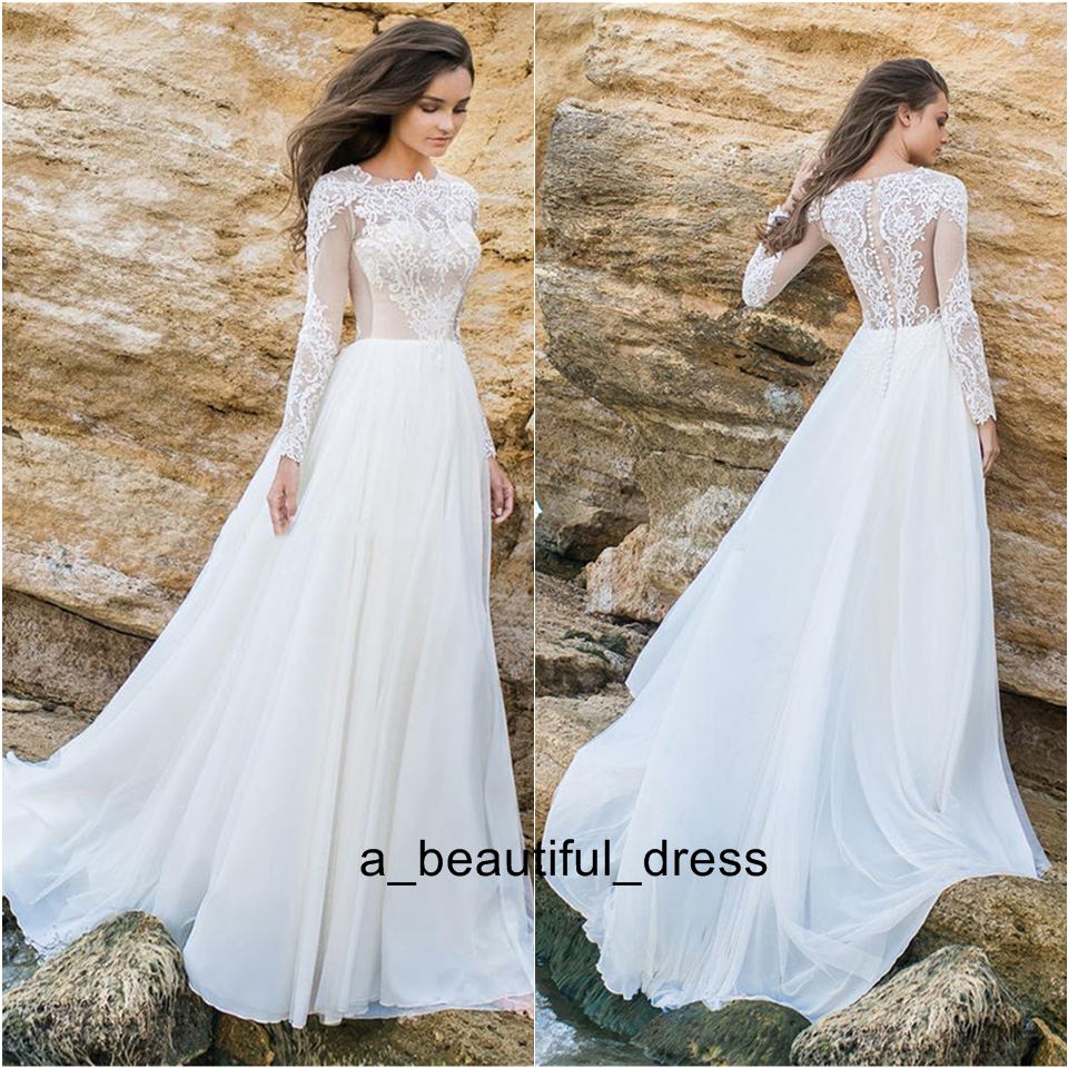 Lace Wedding Dress Long Sleeve Sexy Party Dress vestido de novia White Bride Dresses Chiffon Elegant Wedding Gowns Bridal Dresses