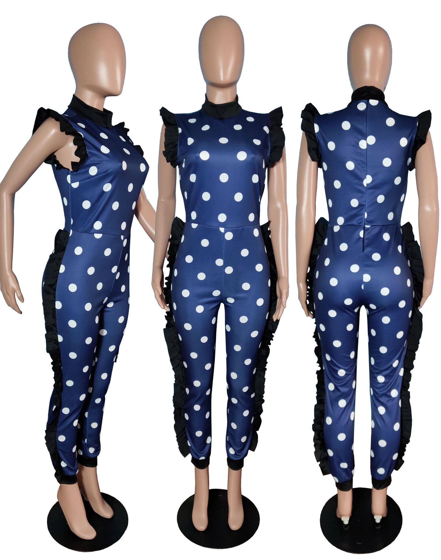 Jumpsuits European spring and summer fashion spotted ruffled long-sleeved Slim street jumpsuit support mixed batch