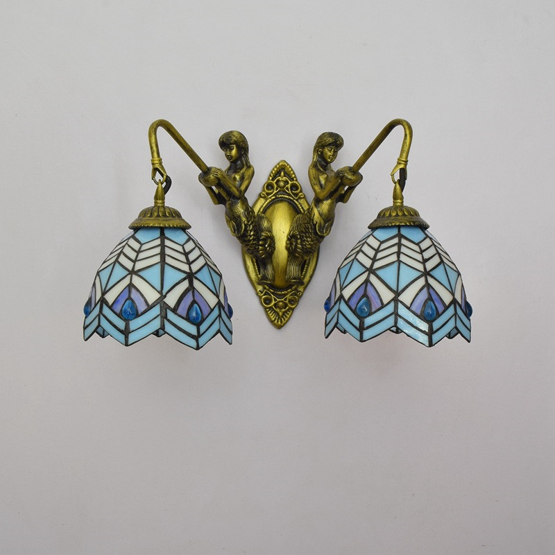Tiffany style coloured glass wall lamps restaurant bedroom corridor lighting Modern mermaid double headed glass sconce TF056