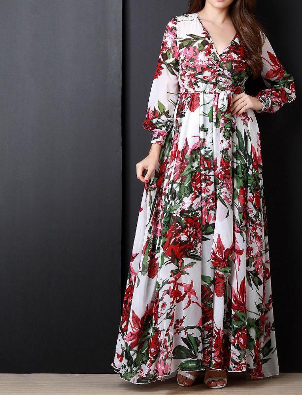 2019 Women' Long Sleeve Pleated Chiffon Dresses Floral Print Maxi Long Dress Sashes V-Neck Plus Size Dress Vestidos, White 
2019 Women' Long Sleeve Pleated Chiffon Dresses Floral Print Maxi Long Dress Sashes V-Neck Plus Size Dress Vestidos, White