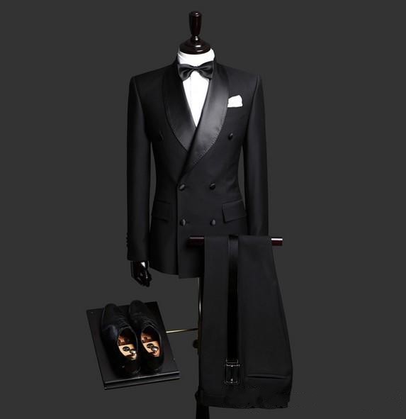 Side Vent Double-Breasted Black Groom Tuxedos Men Wedding Clothes Real Photo Shawl Collar 2 Pieces Prom Business Suit (Jacket+Pants+Tie) W1222