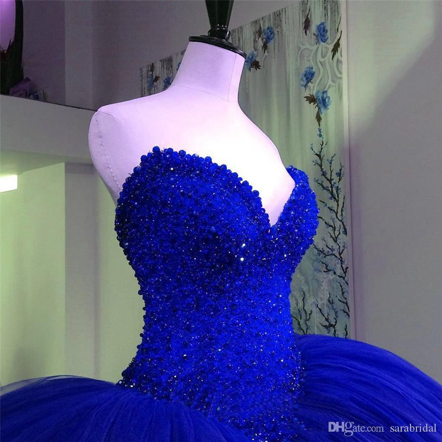 Luxury Pearls Quinceanera Dresses Strapless Sweetheart Ruffle Bling Beaded Royal Blue Prom Dresses Ball Gown Evening Gowns