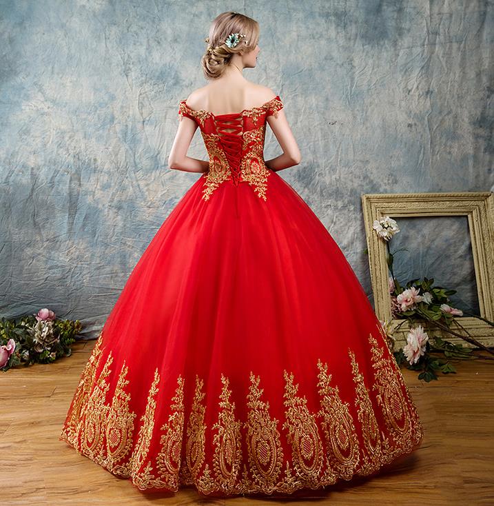 Vintage Red And Gold Lace A-line Wedding Dresses Off The Shoulder Lace-up Back Floor Length Long Train Princess Backless Bridal Gowns