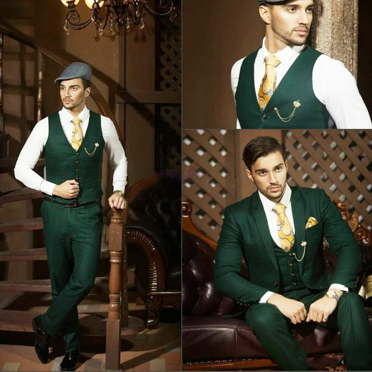 Fashion Hunter Green Wedding Tuxedos Notch Lapel Slim Fit Groom Wear Blazer Formal Best Men Suits (Jacket+Vest+Pants)