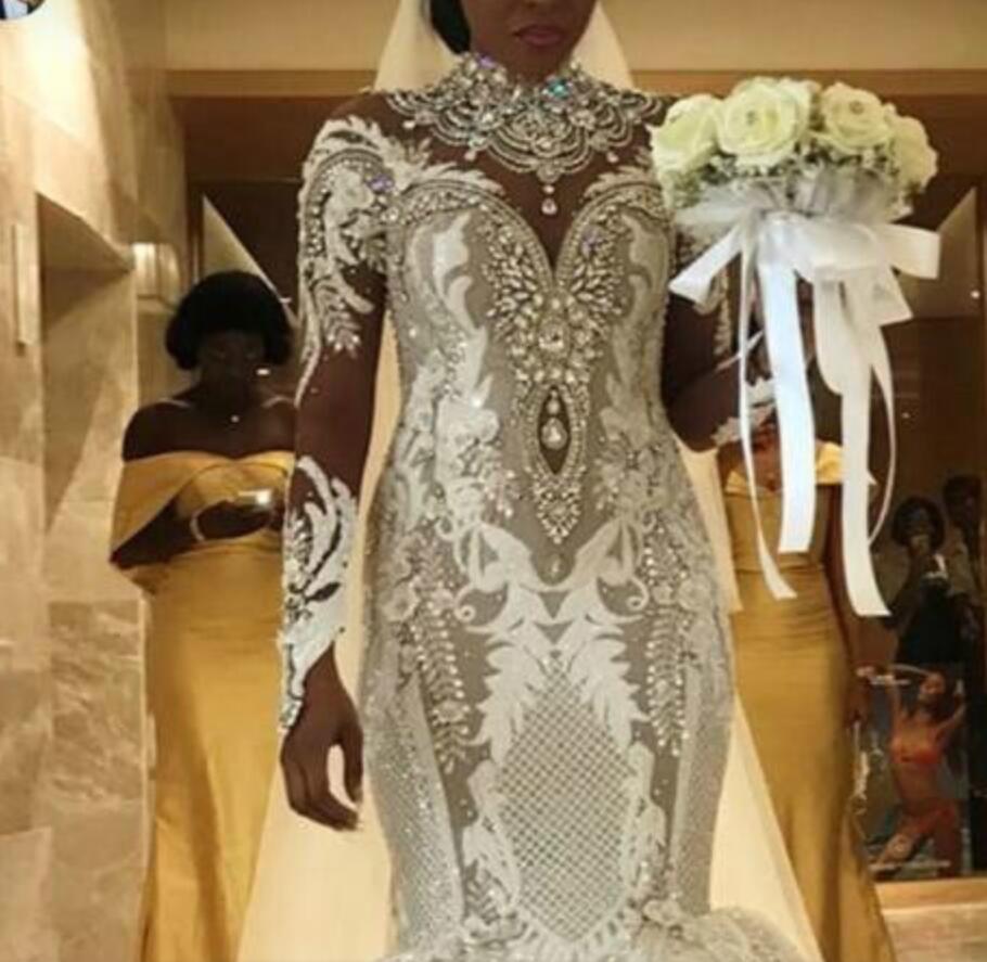 Plus Size African Mermaid Wedding Dresses High Collar Lace Appliqued Crystal Beads Long Sleeve Modest Wedding Gowns Custom Made Bridal Wear