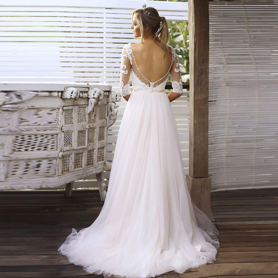 Half Sleeves Bridal Dress V Neck Lace Tulle Skirt Backless Wedding Dresses Vestido de Novia 2020 Wedding Gowns