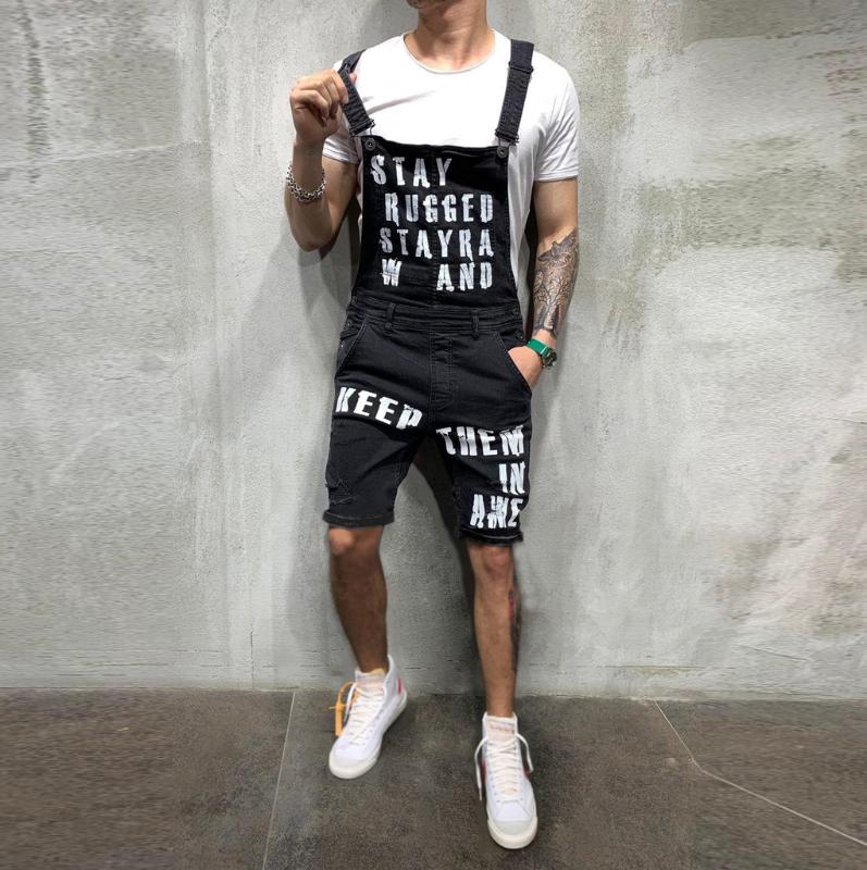 Fashion Men's Hole Jeans Jumpsuits Shorts Summer Streetwear Distressed Denim Bib Overalls For Man Suspender Pants