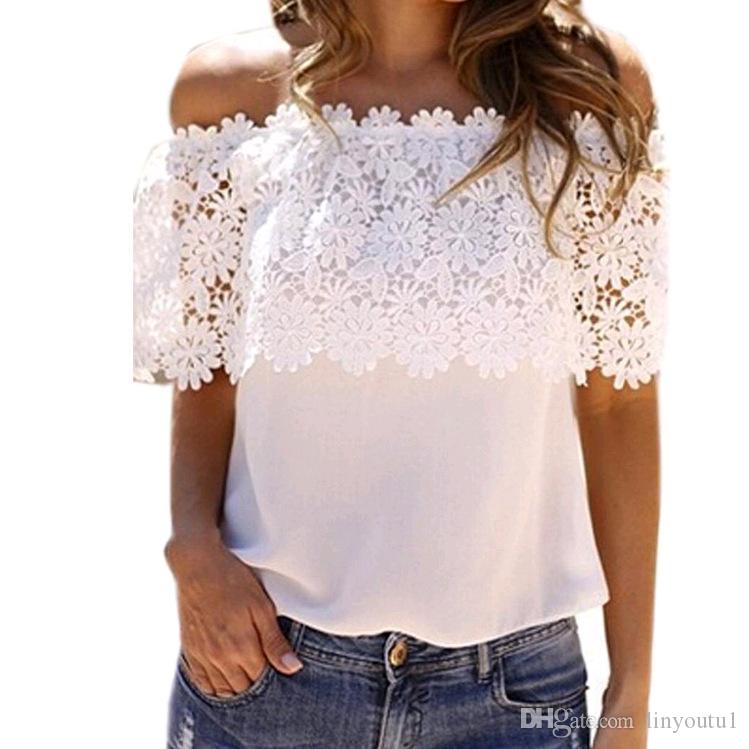 2020 Hot Fashion Women Summer Lace Crochet Off Shoulder Chiffon Shirt Casual Tops Blouse crop top women t shirt