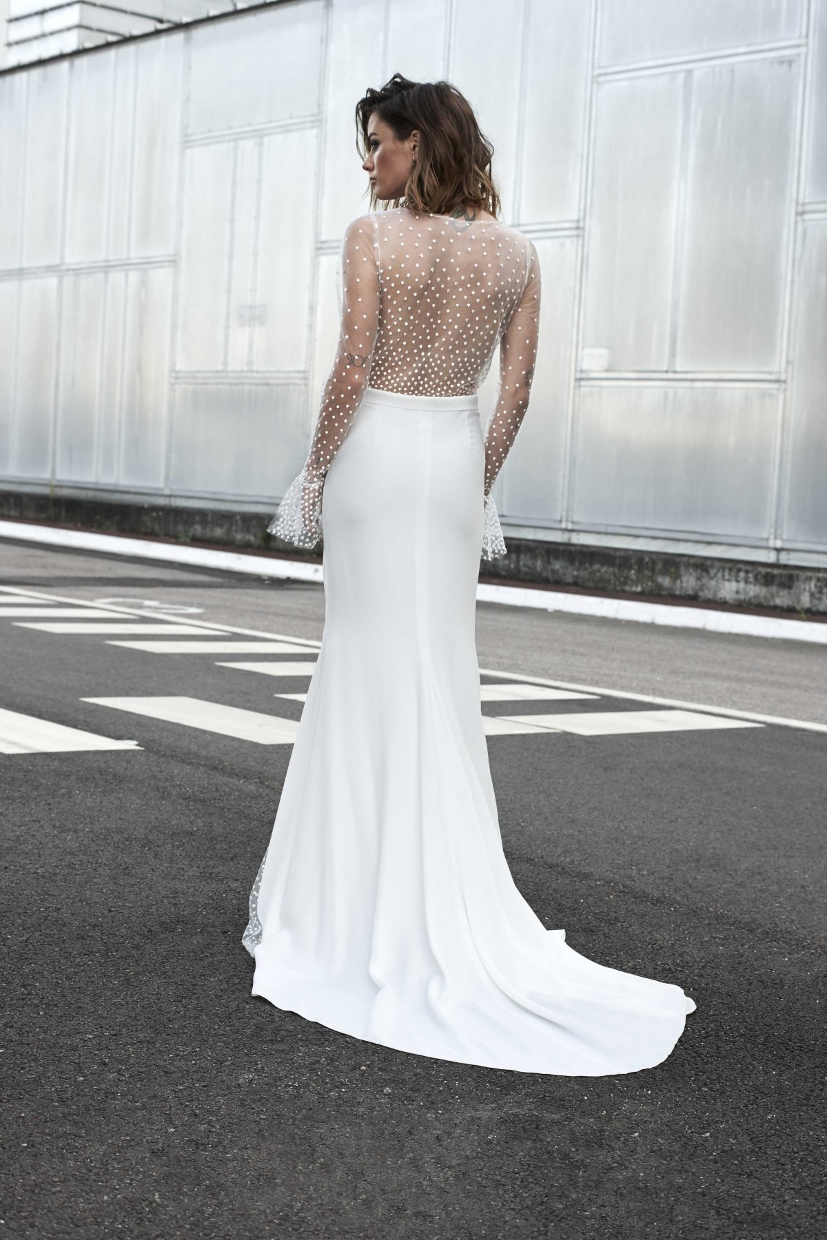 Vintage Country Dresses V Neck Lace With Spot Sweep Train Illusion Bodice Mermaid Wedding Dress Side Split Long Sleeve Bridal Gowns