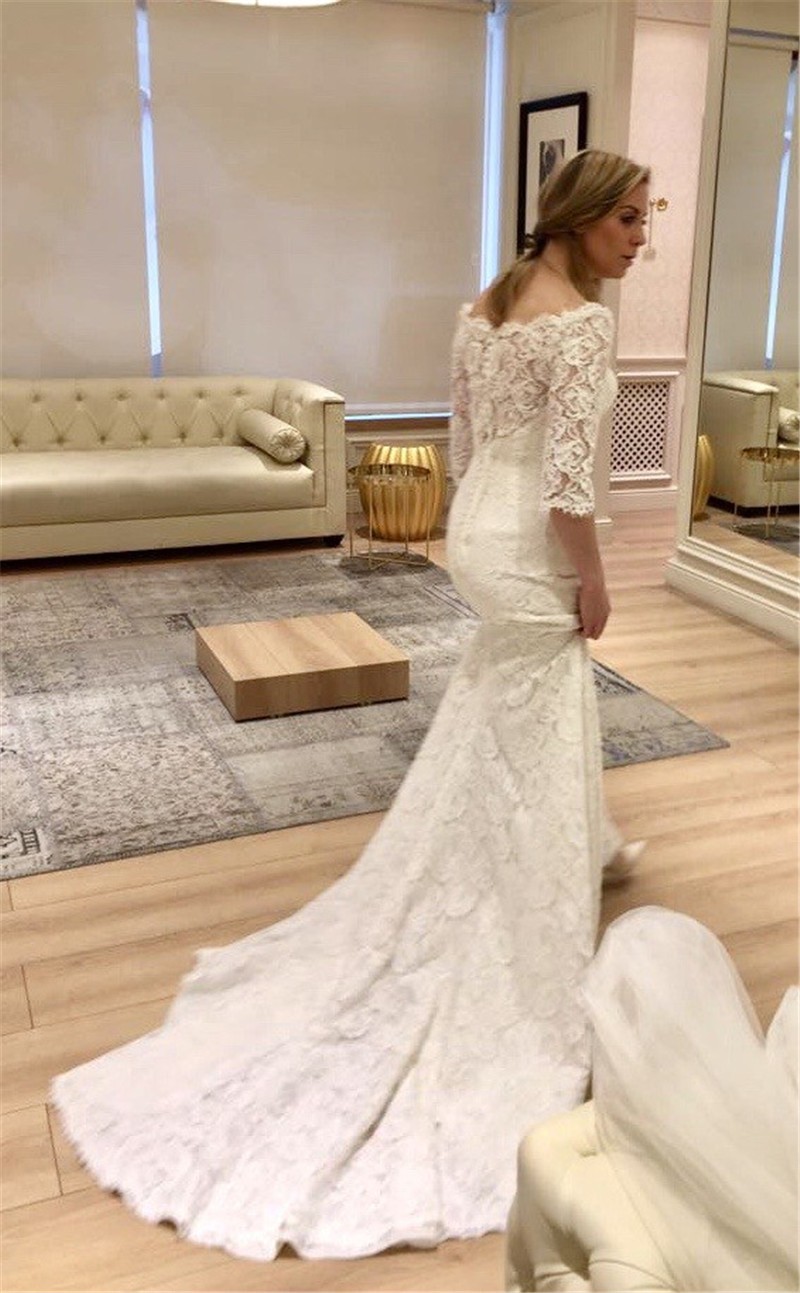 Lace Elegant Mermaid Wedding Dresses Bateau Neck Long Sleeves Bridal Gowns Sweep Train Trumpet Robe De Marie