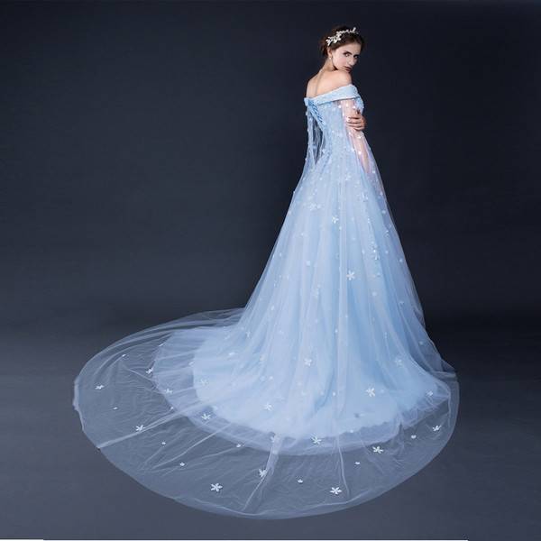 3D Floral Beaded A Line Blue Off Shoulder Wedding Dresses with Wraps 2019 Plus Size Bridal Gowns Lace Up Vintage Ball Gown Long Formal Gowns