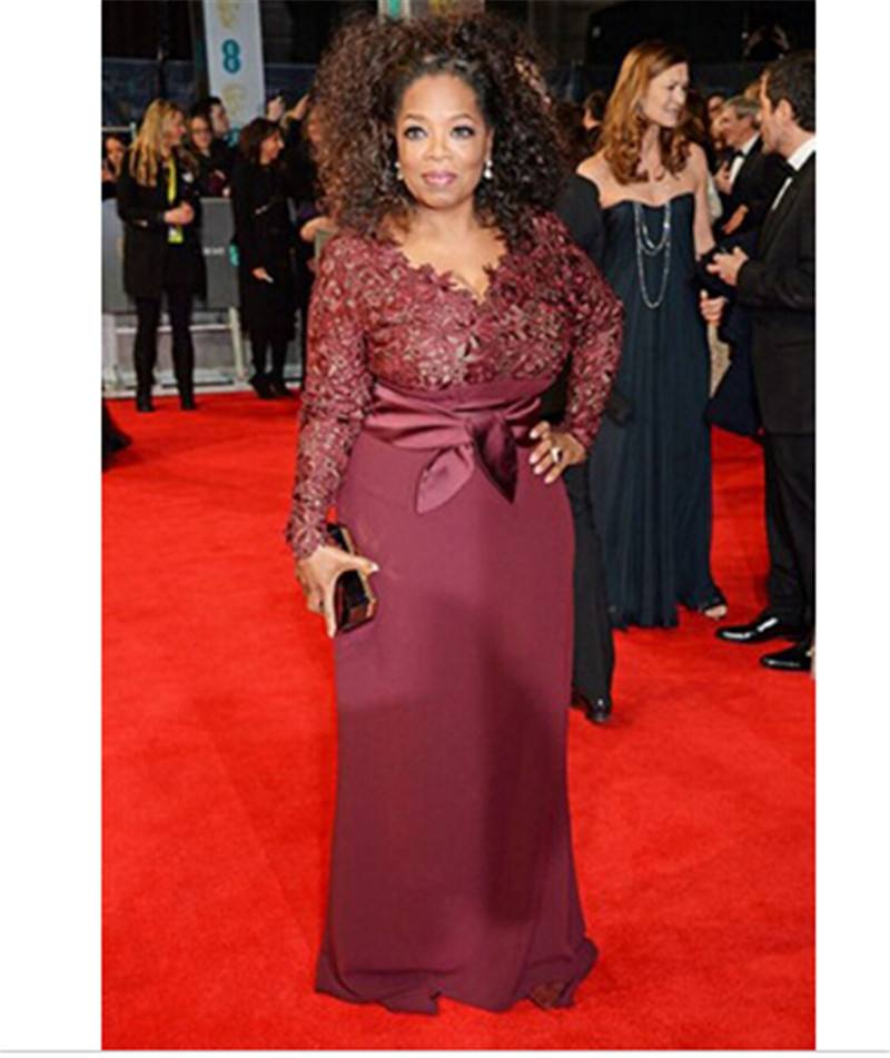 Red Carpet Plus Size Burgundy Evening Dresses Oprah Winfrey Sheath V-Neck Long Sleeve Lace Top Sweep Train Prom for Fat Women party gowns