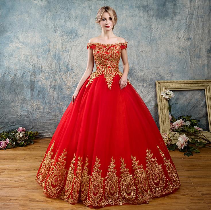 Vintage Red And Gold Lace A-line Wedding Dresses Off The Shoulder Lace-up Back Floor Length Long Train Princess Backless Bridal Gowns