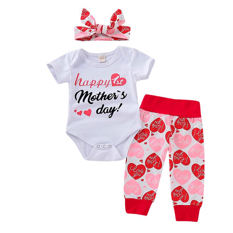 Newborn Baby Set Boys Girls Happy Mothers Day Letter Printing Bodysuit+pants+butterfly-knot Headband Outfit Toddler Clothing Set
