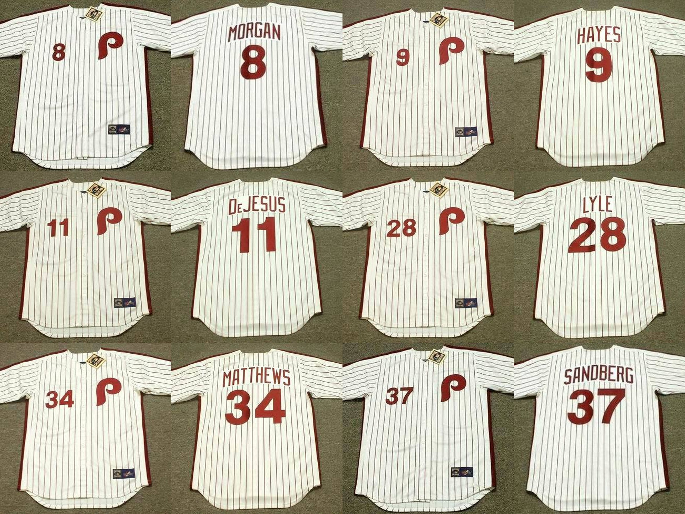 Philadelphia 8 JOE MORGAN 9 VON HAYES 11 IVAN DeJESUS 37 RYNE SANDBERG 34 GARY MATTHEWS 28 SPARKY LYLE baseball jersey, 1979 wine red
Philadelphia 8 JOE MORGAN 9 VON HAYES 11 IVAN DeJESUS 37 RYNE SANDBERG 34 GARY MATTHEWS 28 SPARKY LYLE baseball jersey, 1979 wine red