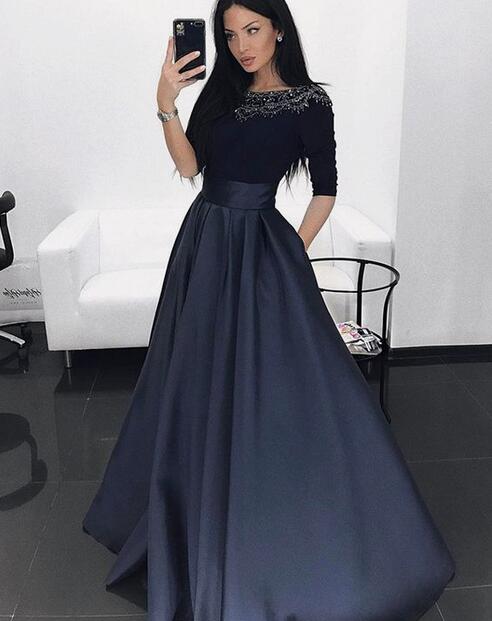Navy Blue Luxury Prom Formal Dresses with Half Sleeve 2019 Beaded Crystal Neck Puffy Skirt Runway Arabic Occasion Evening Wear Gowns