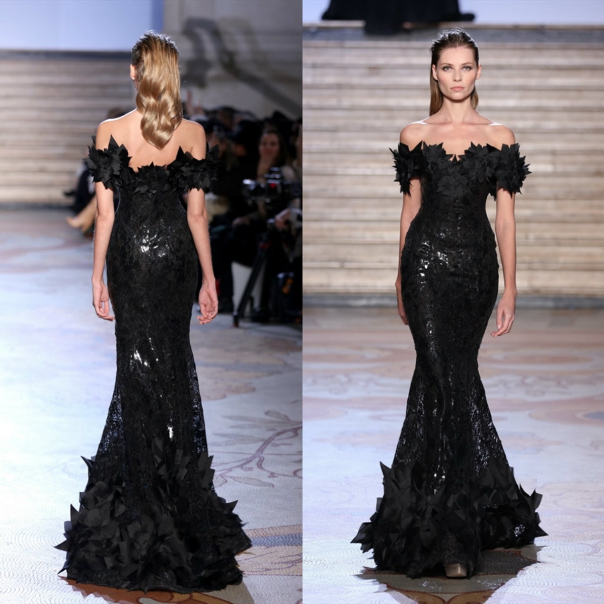 Black Mermaid Prom Dresses Bling Bling Off Shoulder Ruffles Appliques Evening Dress Party Red Carpet Formal Wear Ogstuff robes de soirée