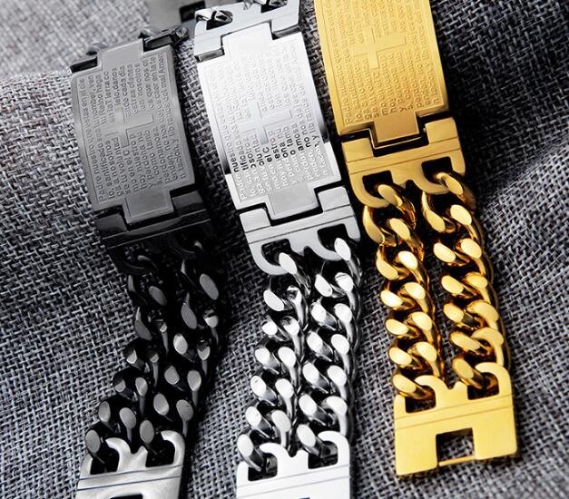HUGE 22mm wide 8.66'' silver/gold/black stainless steel Double Curb link chain ID BRACELET Biblical cross ID Bracelet mens jewelry