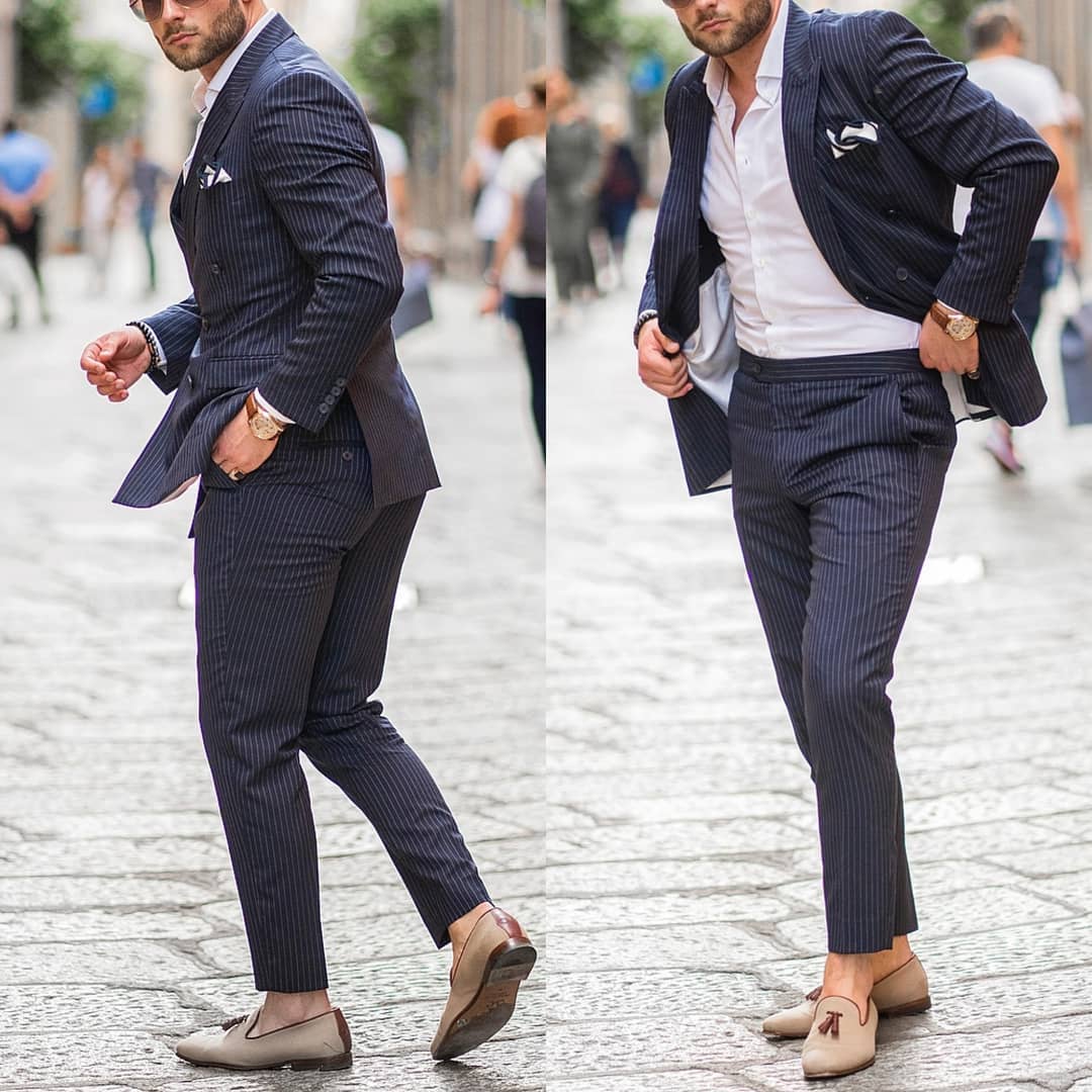 Two Pieces Stripe Men Suits (Jacket+Pants) Grooms Men Wear Wedding Tuxedos Formal Party Blazer Custom Made