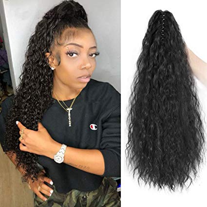 Clip in Ponytail Extension Long Straight Kinky Thick Curly Human Hair Fluffy Pony Tail Wrap Around 24 Inch - Black Brown