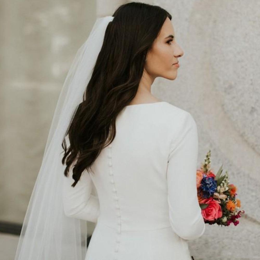 Satin Cheap Simple Mermaid Dresses Country Style Jewel Neck Long Sleeves Court Train Wedding Dress Bridal Gowns Vestidos De Noiva