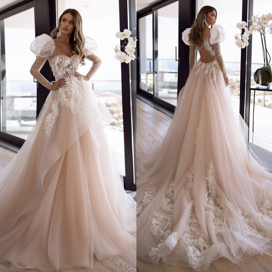 Elegant Long Sleeve 2020 Wedding Dresses Boho Lace Appliqued Open Back Bridal Gowns A Line Beach Garden Wedding Dress robe de mariée