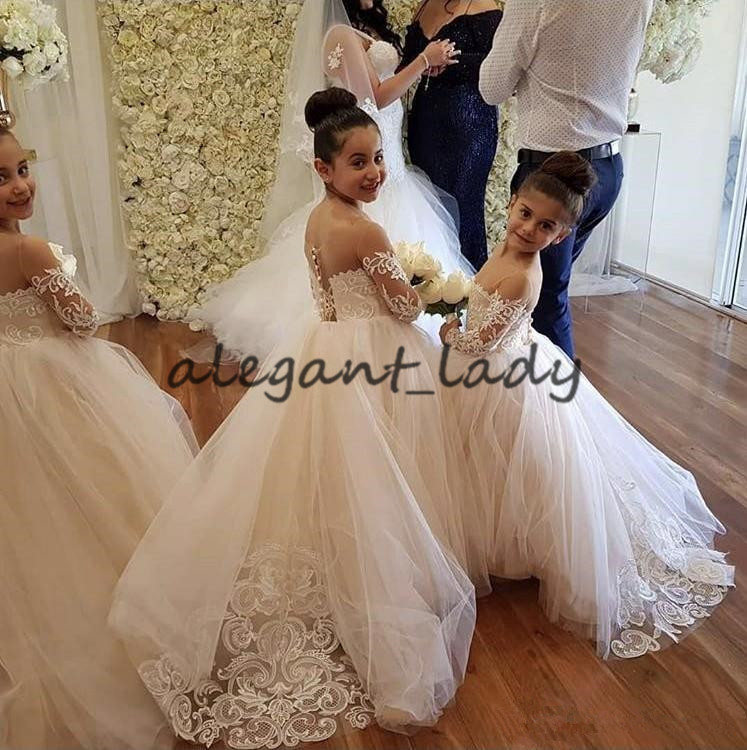 2020 Lovely Lace Applique Flower Girls Dresses Illusion Long Sleeve Sheer Neck Little Princess Kid Birthday Wedding Party Dress
