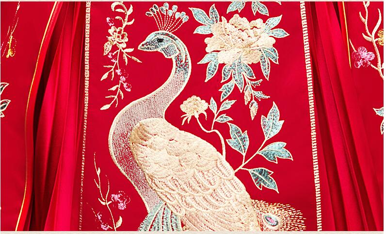 Red Peacock Pleated Xiuhe Dress Oriental Wedding Clothing Bride's Wedding toast dress Traditional Cheongsam For Oversea Chinese