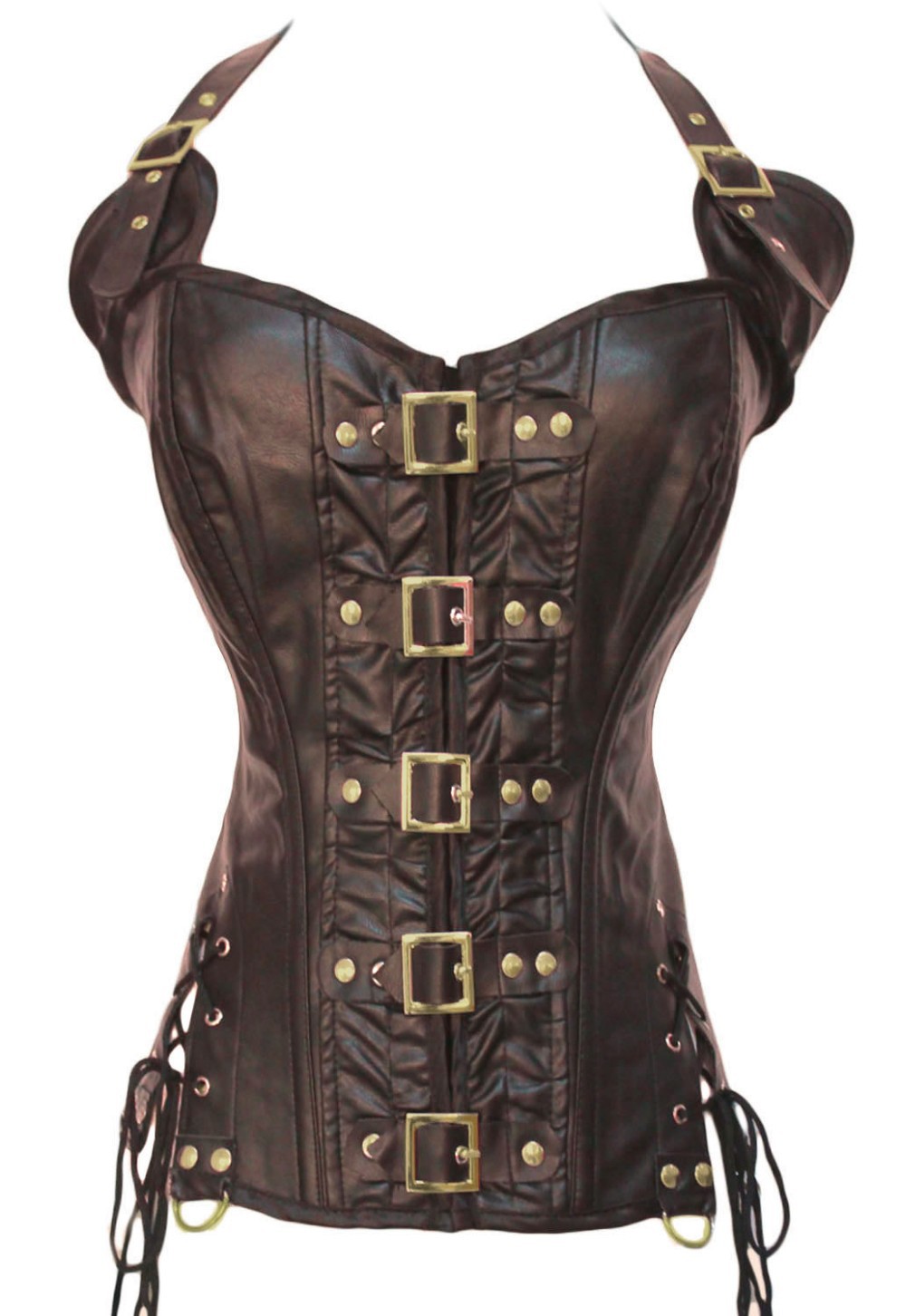Buckle-up Steampunk Corset Halterneck PU Leather Bodyshaper Corselet Butt Lifter Women Body Shaper Waist Cincher LC5342 Drop Ship