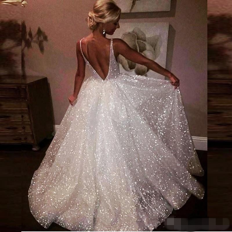 Sparkly Sequins Beach Dresses Deep V Neck Backless 2019 Cheap Custom Made Boho Wedding Bridal Gown Plus Size Vestido De Novia 401 6660311