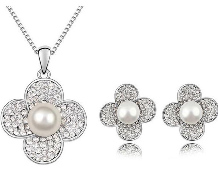 White Gold Plated CZ Crystal Diamante Flower and Pearl Center Necklace and Stud Earrings Jewelry Set