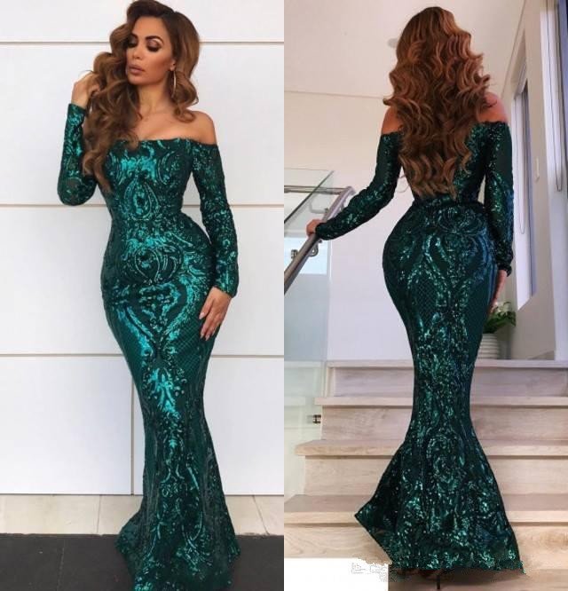 

New Arabic Style Emerald Green Mermaid Evening Dresses Sexy Off Shoulders Elegant Long Prom Gowns Lace Sequined Pageant Wears, Black