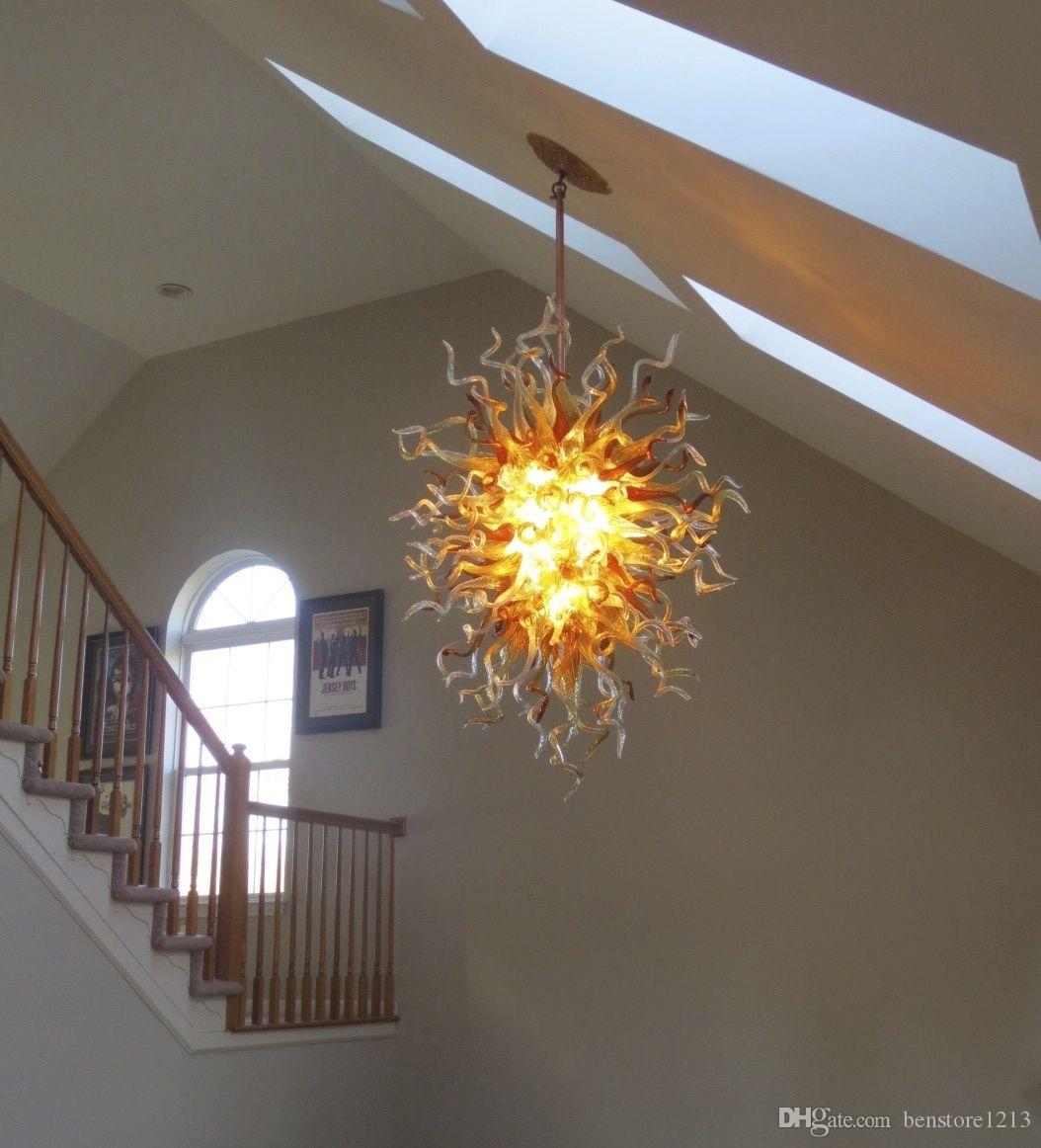 Handicraft Art Glass Chain Crystal Chandelier Golden Color Ceiling Hanging Lamp LED Light 100% Handmade Blown Glass Pendant Chandelier Light