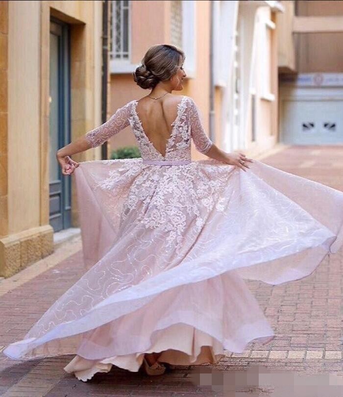 Blush Sleeves Half Pink Prom Dresses Sequins Off The Shoulder V Neck Sweep Train Custom Lace Applique Beaded Eevening Party Gowns