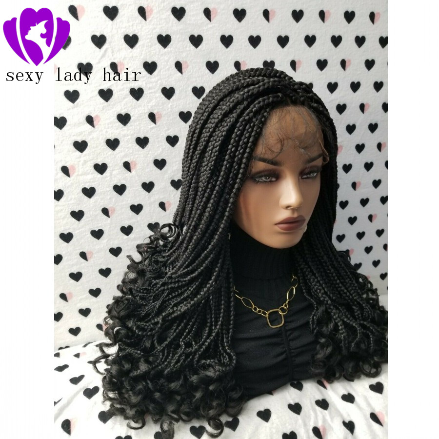 180density full 24inches black/brown /burgundy box braids wig Fully Hand Ponytail synthetic lace front Goddess Braids wig With Curly Tips
