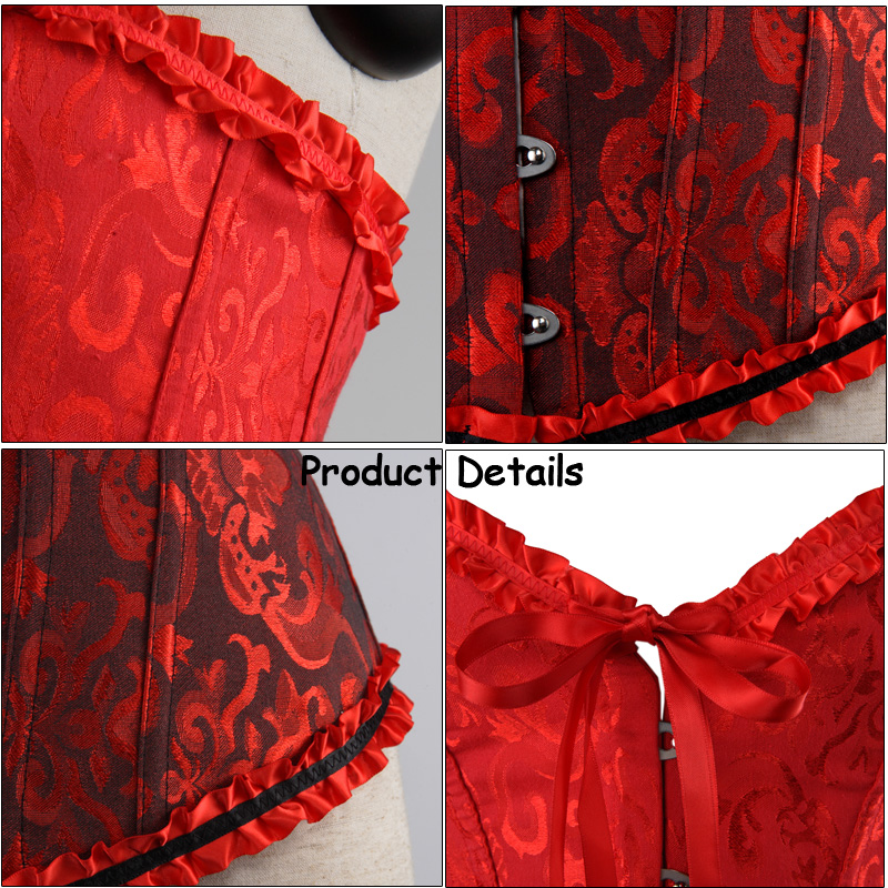 Plus Size S-6XL Overbust Satin Ribbon Ruffle Trim Jacquard Bustier Lace up Corset Black, Red, White 3XL, 4XL, 5XL No Padded Linning on Back
