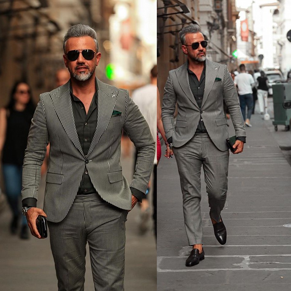 Classic Black White Stripe Men Tuxedos Groom Wedding Suits Slim Fit One Button Peaked Lapel Mens Suit 2 Pieces Coat Pants (jacket+Pants)