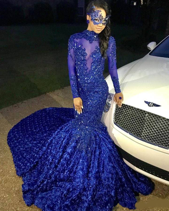 2020 Elegant Royal Blue Long Sleeves Lace Mermaid Prom Dresses Tulle Applique Beaded 3D Floral Floor Length Evening Party Dresses
