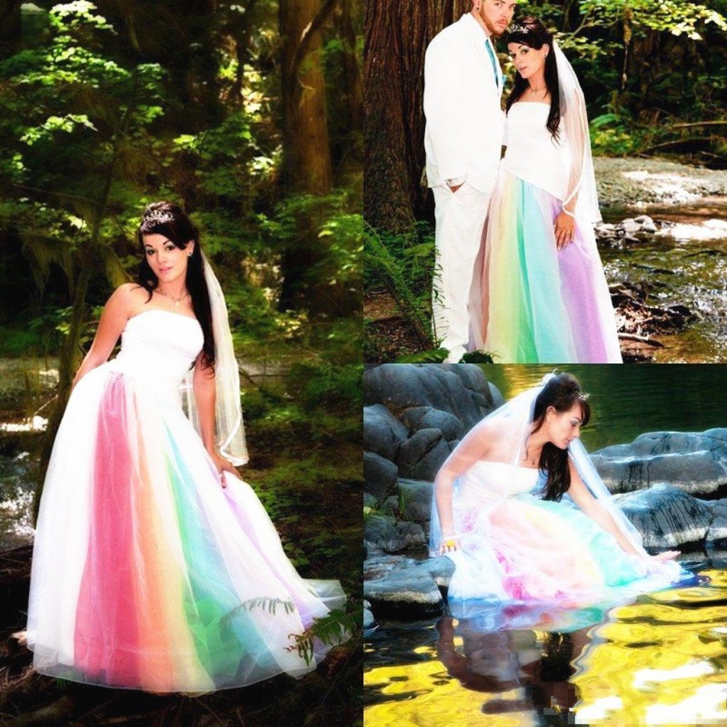 Romantic Outdoor Rainbow Wedding Dresses Strapless Satin Tulle Floor Length A Line Long Colorful Bridal Gowns Custom Made
